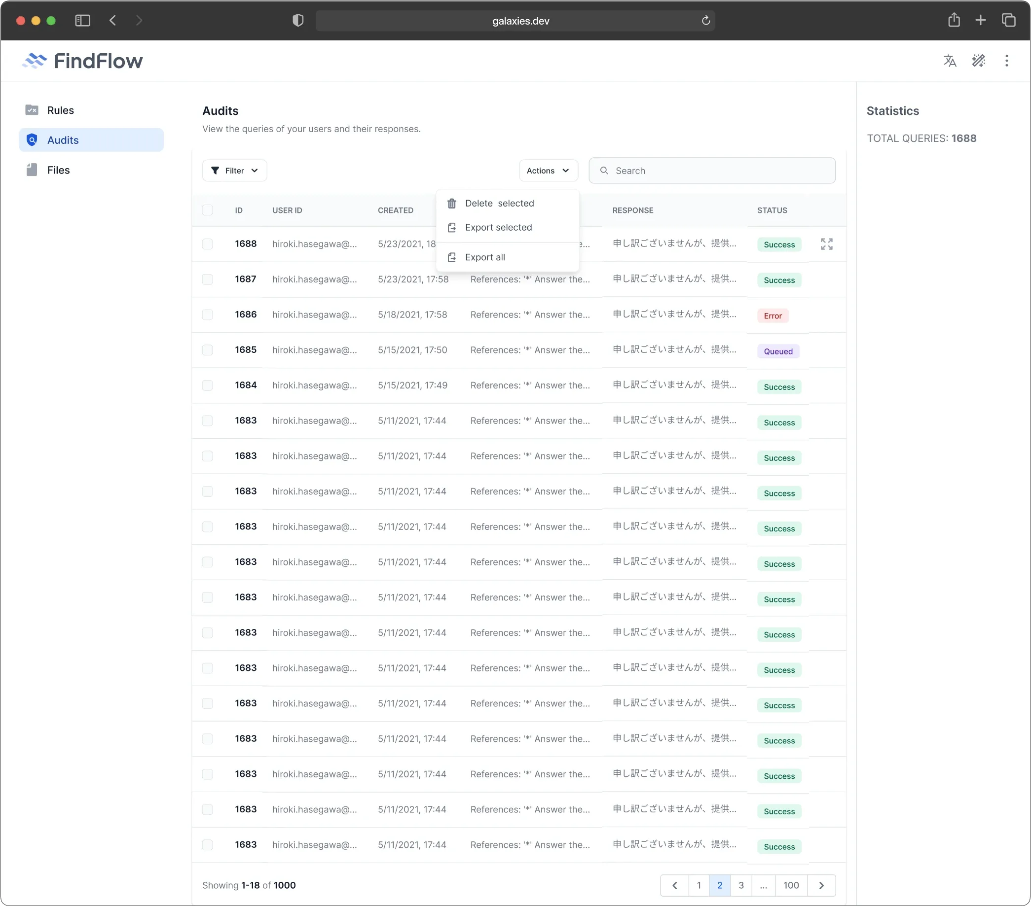 FindFlow audits dashboard showing a list of queries with their creation dates, user IDs, and statuses.