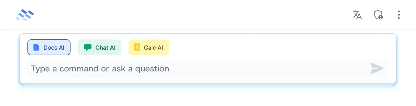 UI input bar with options for Docs AI, Chat AI, and Calc AI, and a text field that prompts the user to 'Type a command or ask a question,' along with icons for settings and language in the top right corner.