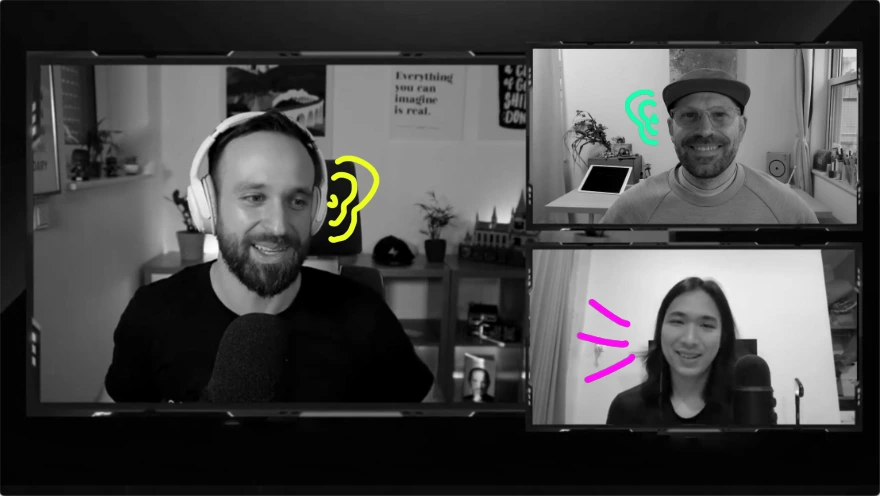 Galaxies team talking on a video chat, with illustrations showing two of them with large drawn listening ears, and another talking with drawn lines to imply talking.