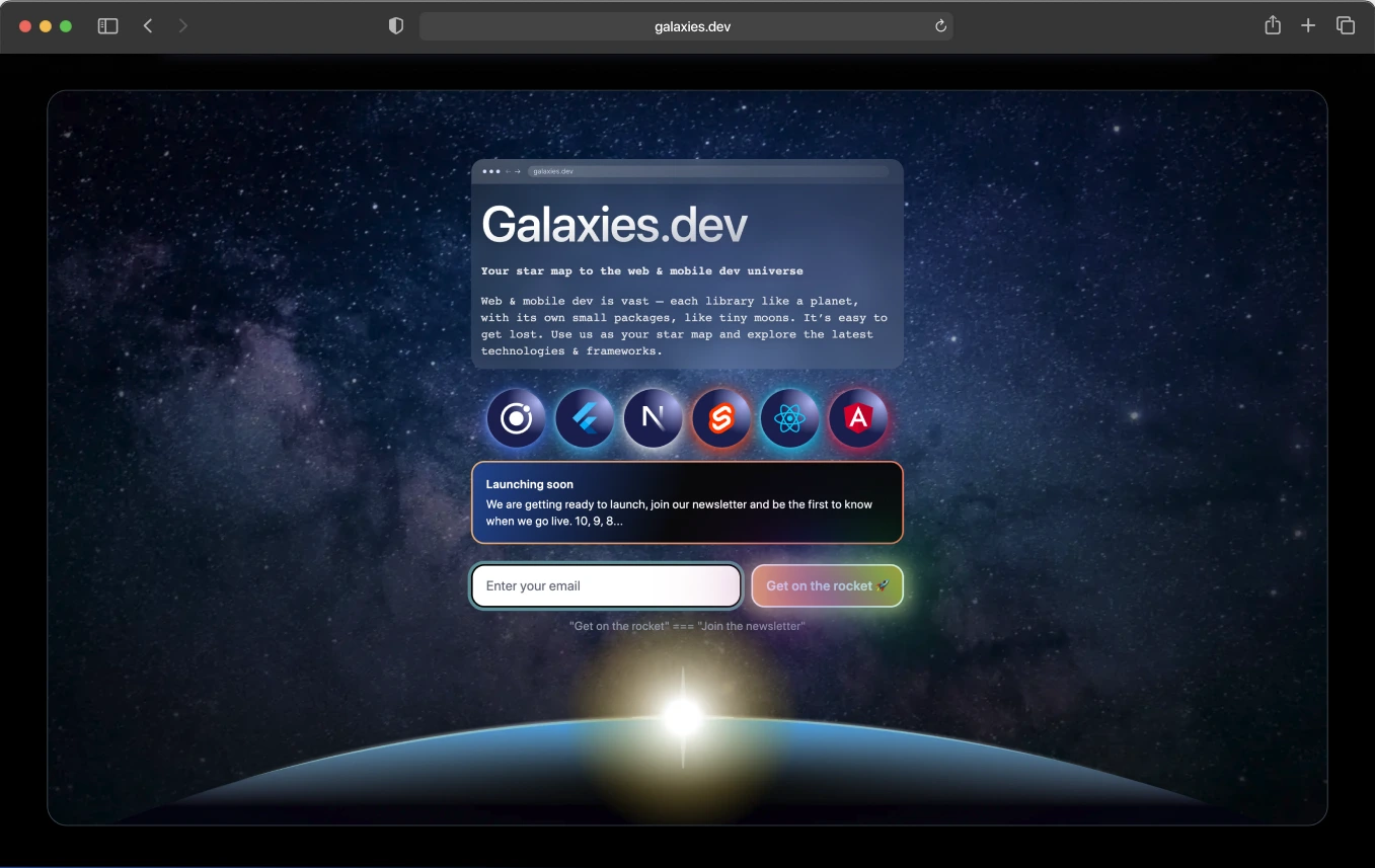 Galaxies.dev coming soon website that shows some frontend tech icons, a newsletter subscription box and a sunrise from over a planet.