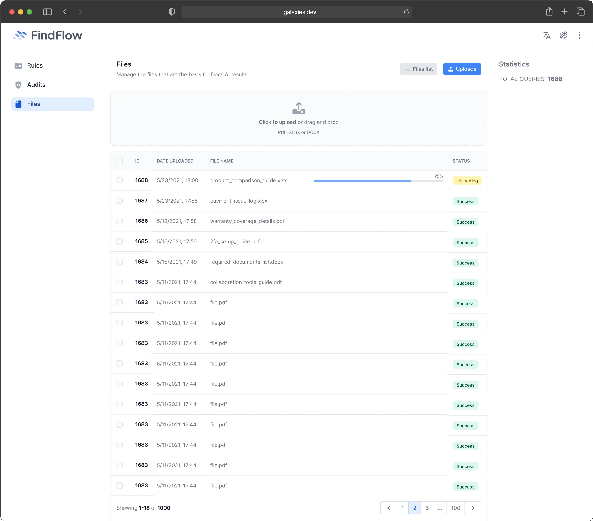 FindFlow web interface showing a file management page. The page displays a list of uploaded files with their ID, upload date, file name, and status. There's an upload area at the top for dragging and dropping files. The sidebar shows options for Rules, Audits, and Files. A statistics panel indicates 1688 total queries.