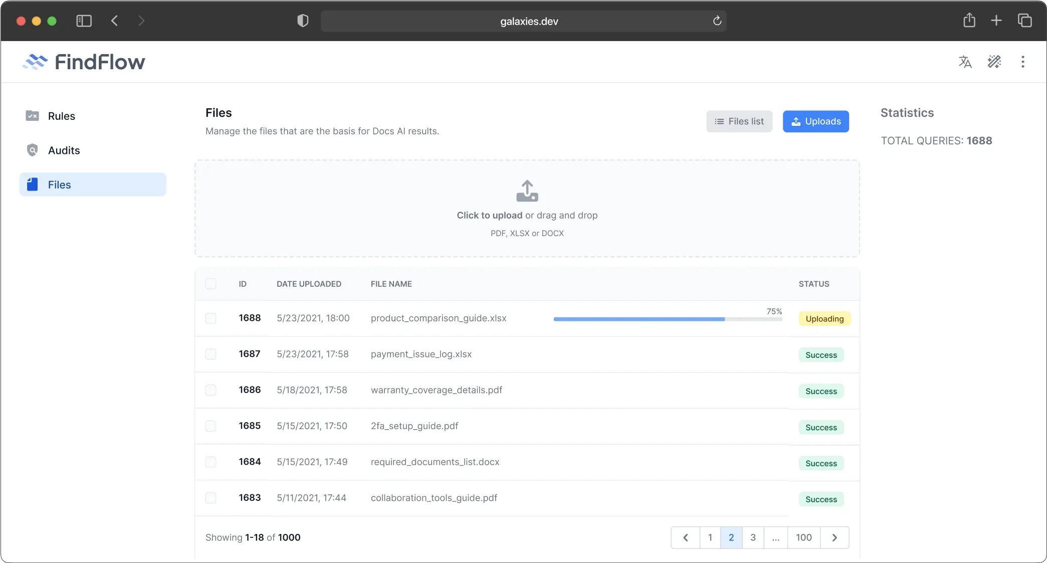 FindFlow dashboard showing a file management interface with options to upload files and a list of uploaded documents including their status and date.