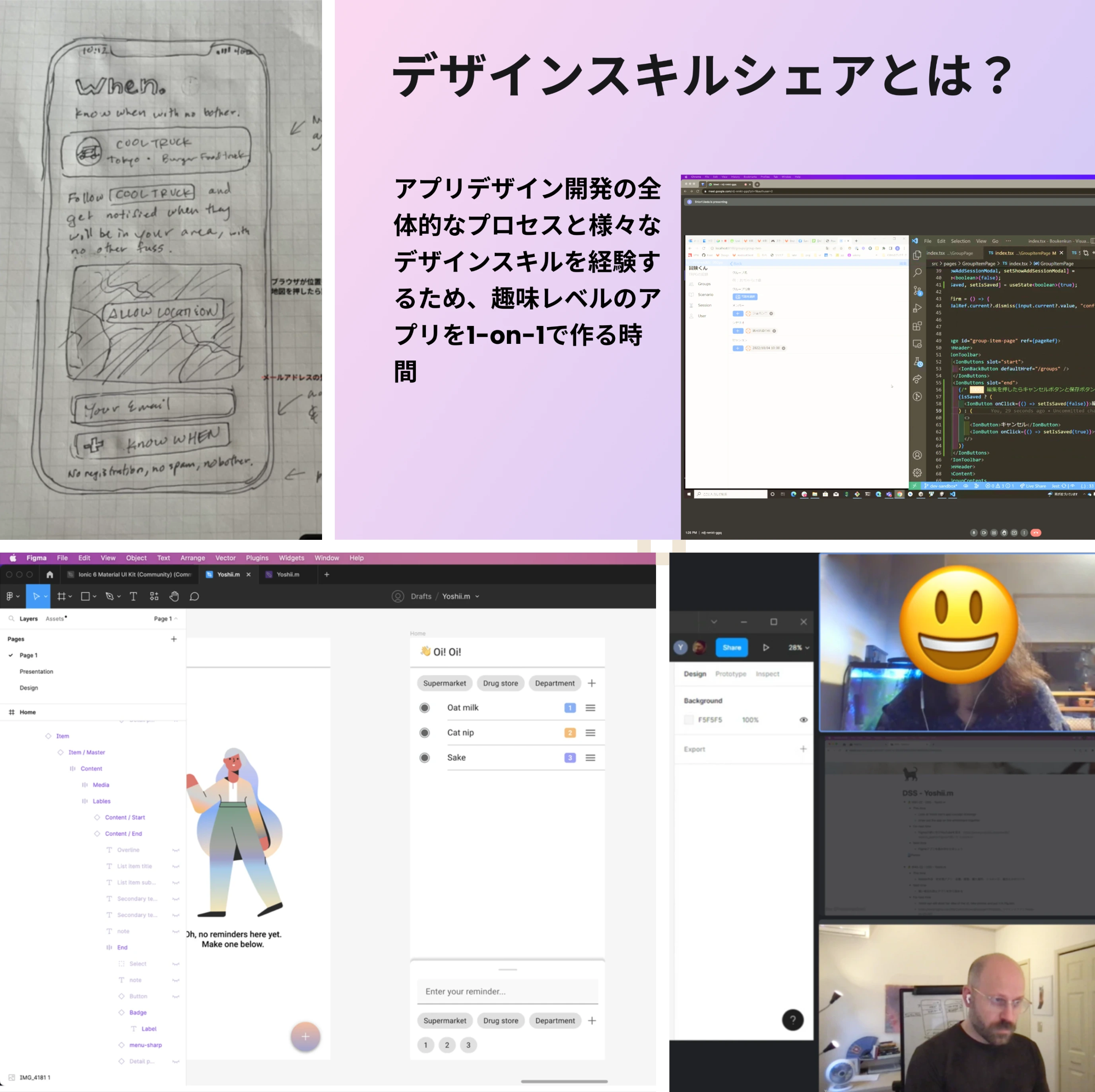 Collage of design-related screenshots including sketches, user interfaces, and video call participants