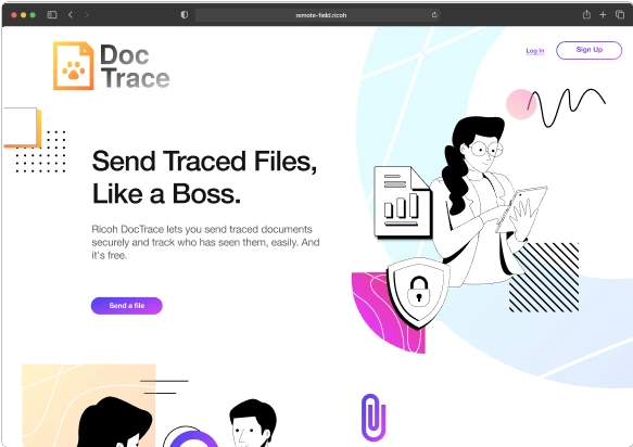 Landing page for DocTrace, featuring the slogan 'Send Traced Files, Like a Boss.' The design includes a stylized illustration of a person with geometric shapes, a purple call-to-action button, and a clean, modern layout with pastel color accents.