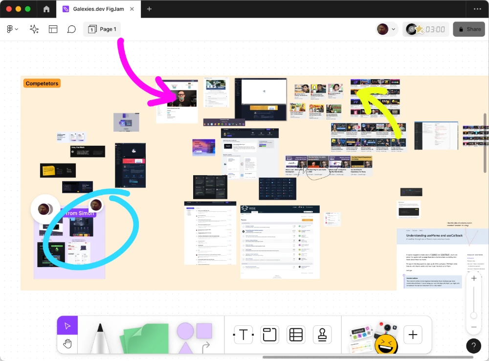 A screenshot of a FigJam window showing competitor comparison for our service with arrows and circles on top of it pointing out important points.