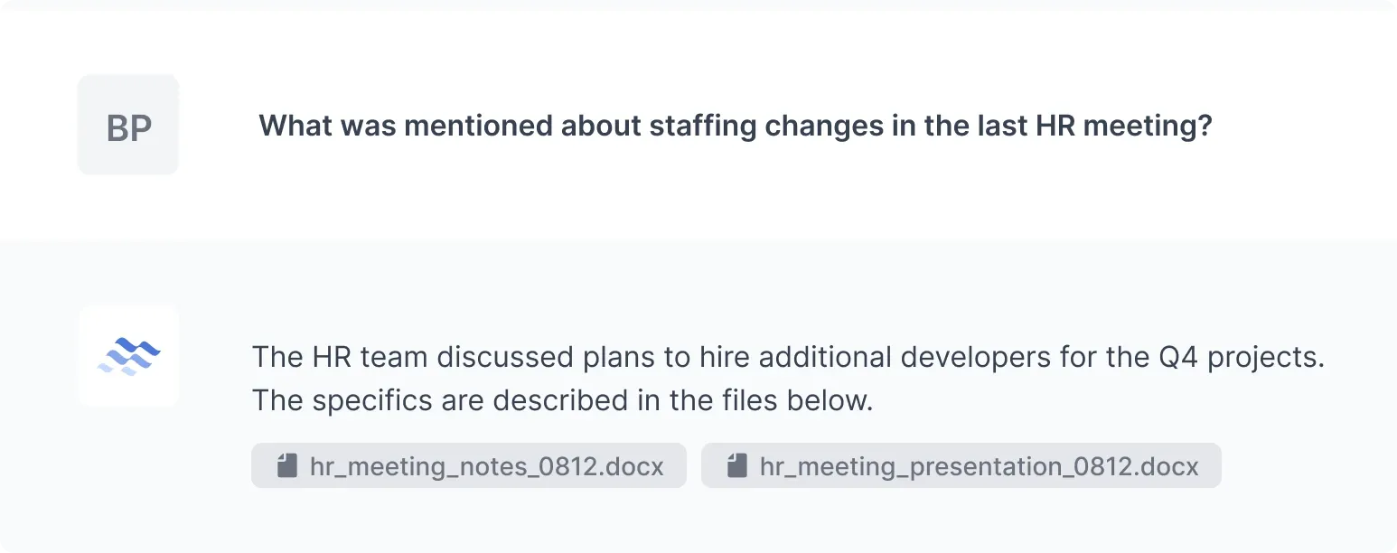 Chat interface displaying a question about staffing changes from an HR meeting, with an AI response referencing specific document files for more information.