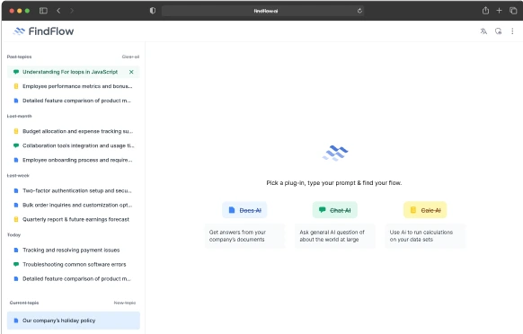 FindFlow's chat interface showing a list of internal questions and tasks, with options to select AI tools like Docs AI and Chat AI.