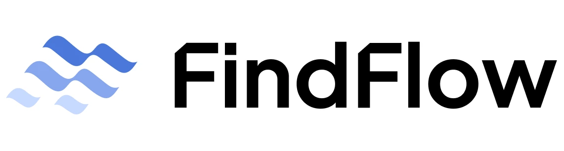 FindFlow logo with blue wave icon on the left and bold black text on the right.