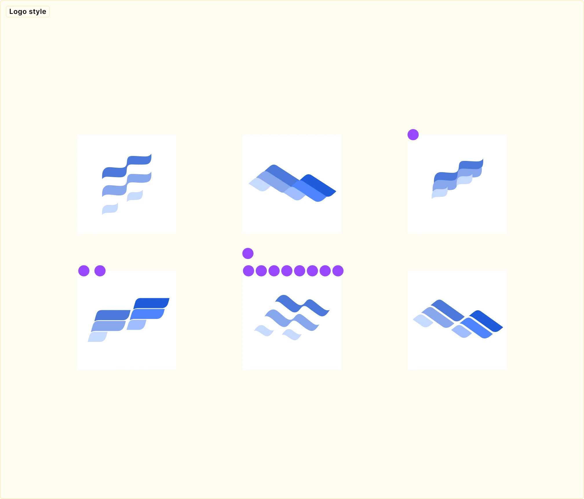 Six variations of a potential FindFLow logo design featuring wavy blue lines in different orientations and styles. The image is titled 'Logo style' and includes purple dots beneath some designs, indicating selected options.