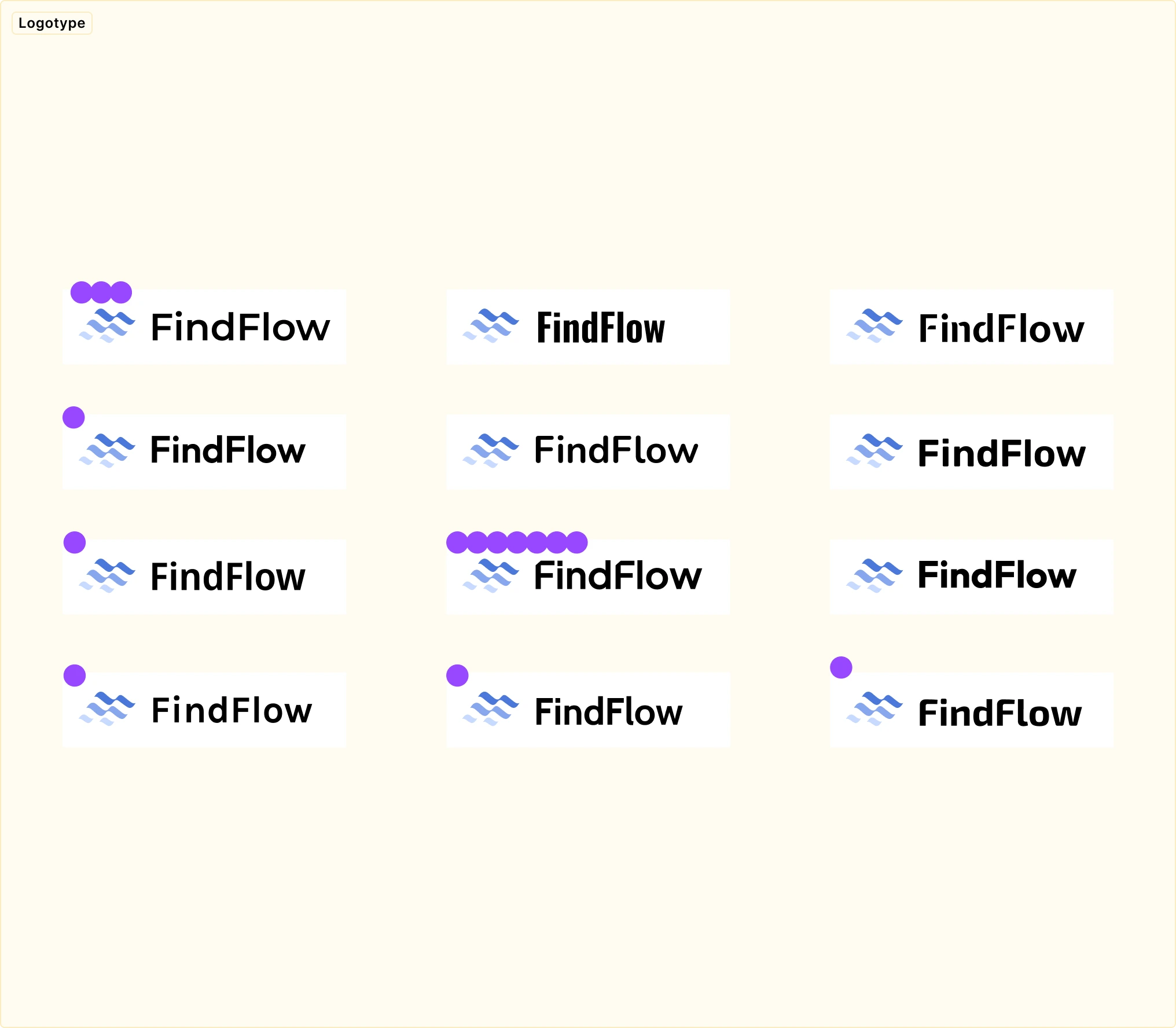 Grid of 12 FindFlow logo variations with blue wavy 'F' icon and different font styles. Purple dots next to some logos indicate votes. Title reads 'Logotype', showcasing abstract and simple designs based on stakeholder preferences.