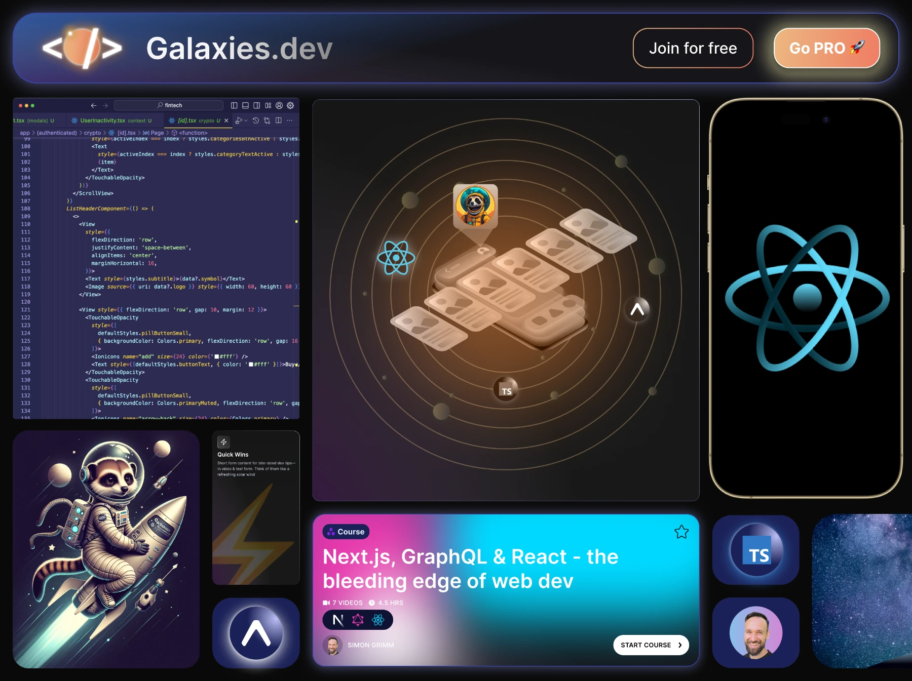 Galaxies.dev website, has a planet with some code in front of it and says 'Explore the edges of the web dev universe with us'.