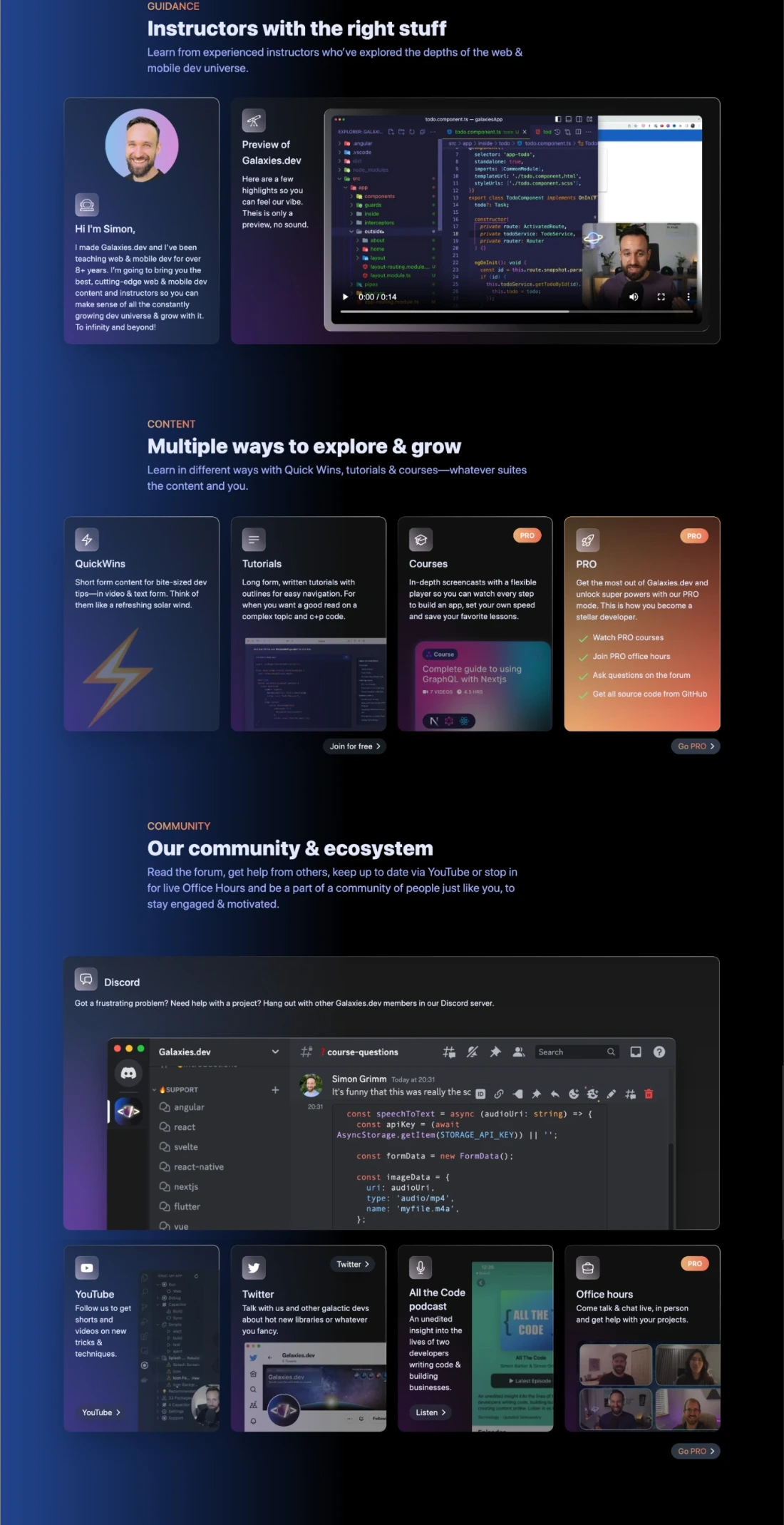 The full galaxies.dev homepage, part two of three.