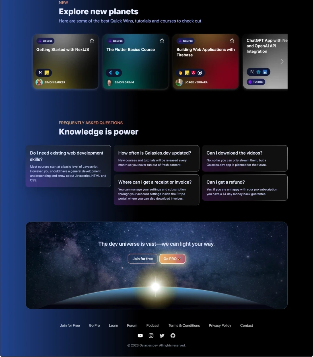 The full galaxies.dev homepage, part three of three.