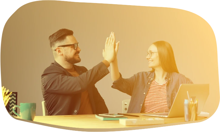 Two people giving a high five with illustrated puzzle pieces and arrows pointing to a light bulb thought, a chat, and a pie chart with stars around them.