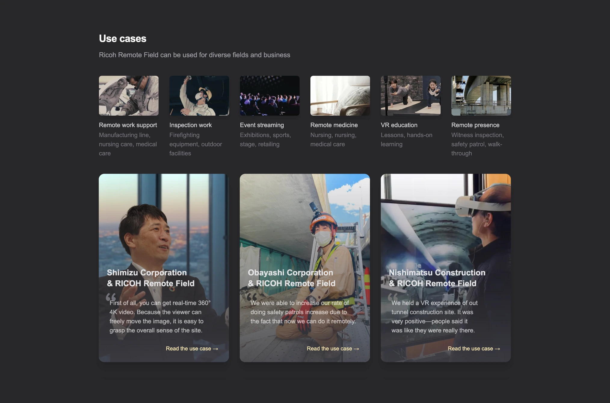 Use cases section of RICOH Remote Field landing page, displaying various applications including remote work support, inspection work, event streaming, remote medicine, VR education, and remote presence. Includes testimonials from Shimizu Corporation, Obayashi Corporation, and Nishimatsu Construction on their experiences using the product.