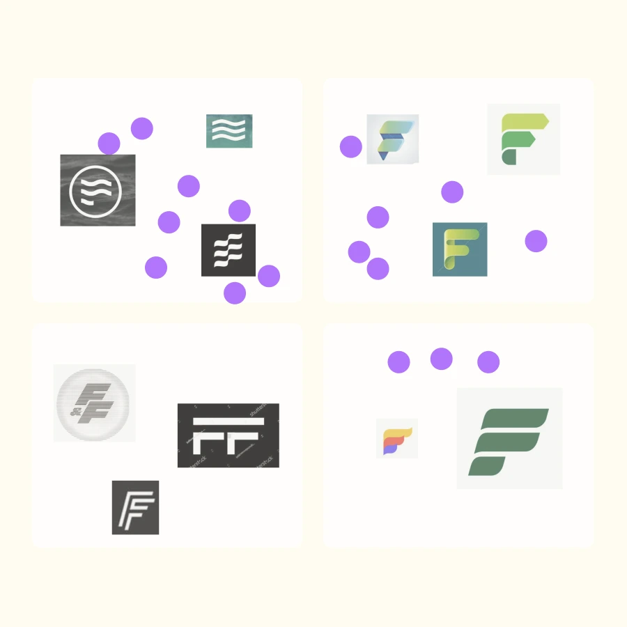 Illustration showcasing various logo designs with wavy lines and 'F' motifs. Purple dots are scattered around, representing votes or selections. The image displays a collection of logo inspirations in different styles and colors for comparison and voting.