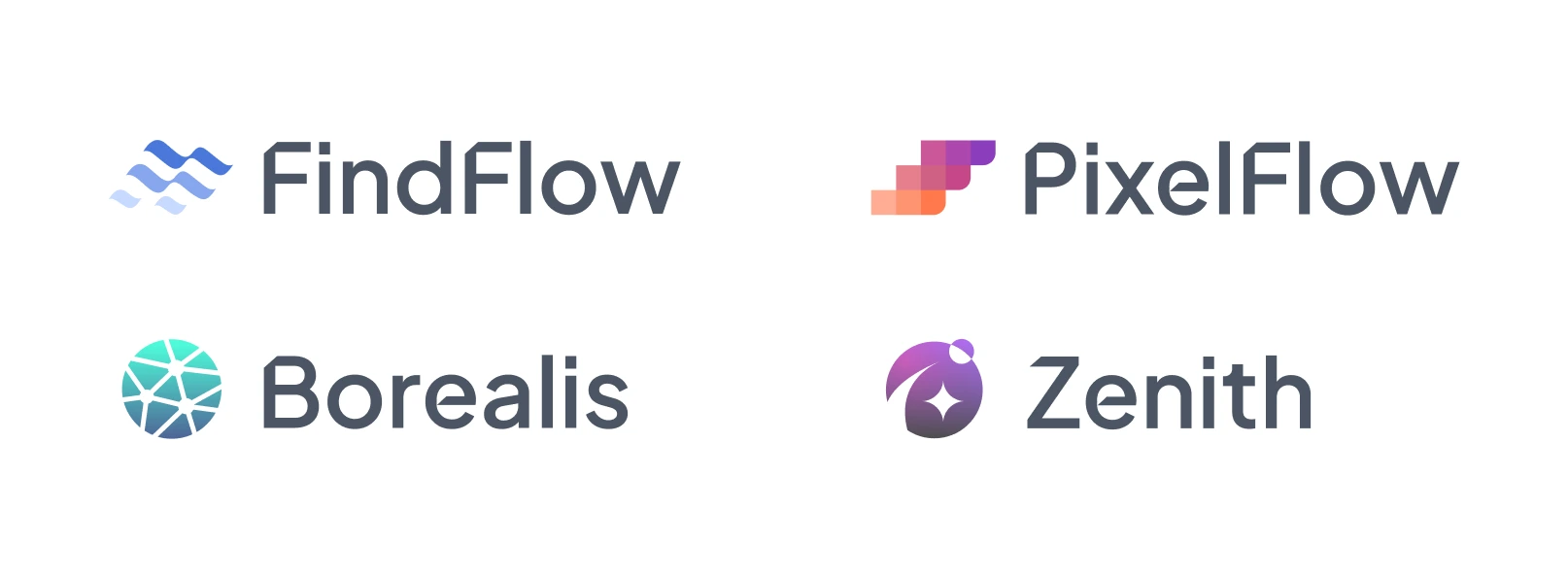 Four logos: FindFlow with wavy blue lines, PixelFlow with pixelated squares in purple, pink, and orange, Borealis with a geometric green and blue pattern, and Zenith with a stylized purple and pink comet or shooting star icon.