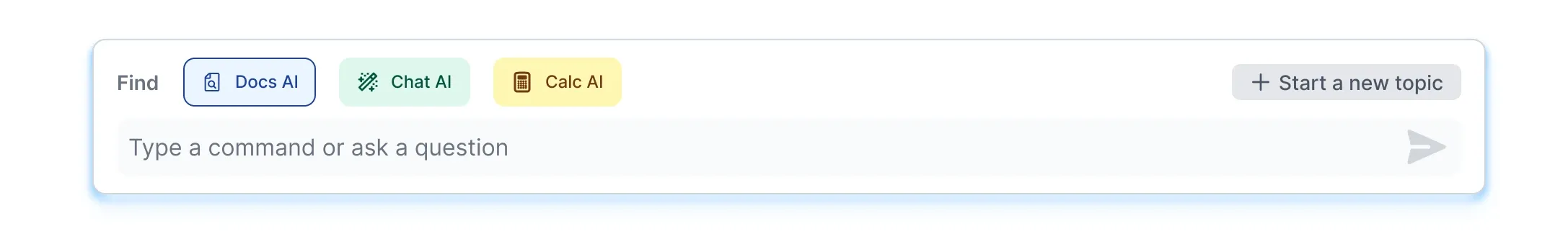 User interface showing an input field with different AI mode options: Find, Docs AI, Chat AI, and Calc AI, along with a 'Start a new topic' button.
