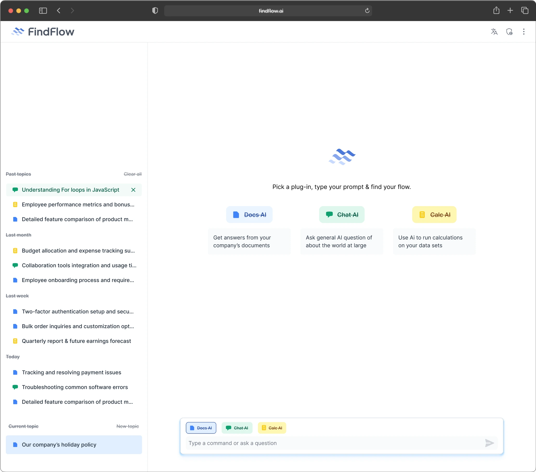 FindFlow AI interface with Japanese text, showing different chat topics on the left and a conversation with document summaries on the right.