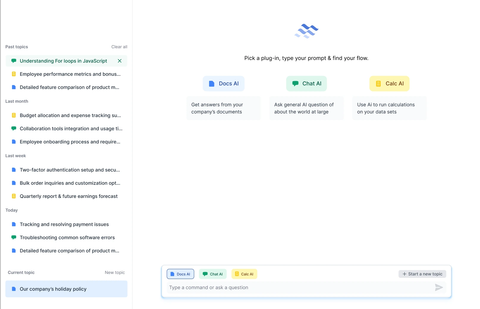 UI screen with a sidebar showing past and current topics on the left, including 'Understanding For loops in JavaScript' and 'Our company's holiday policy.' The main area features options to use Docs AI, Chat AI, or Calc AI for different tasks.