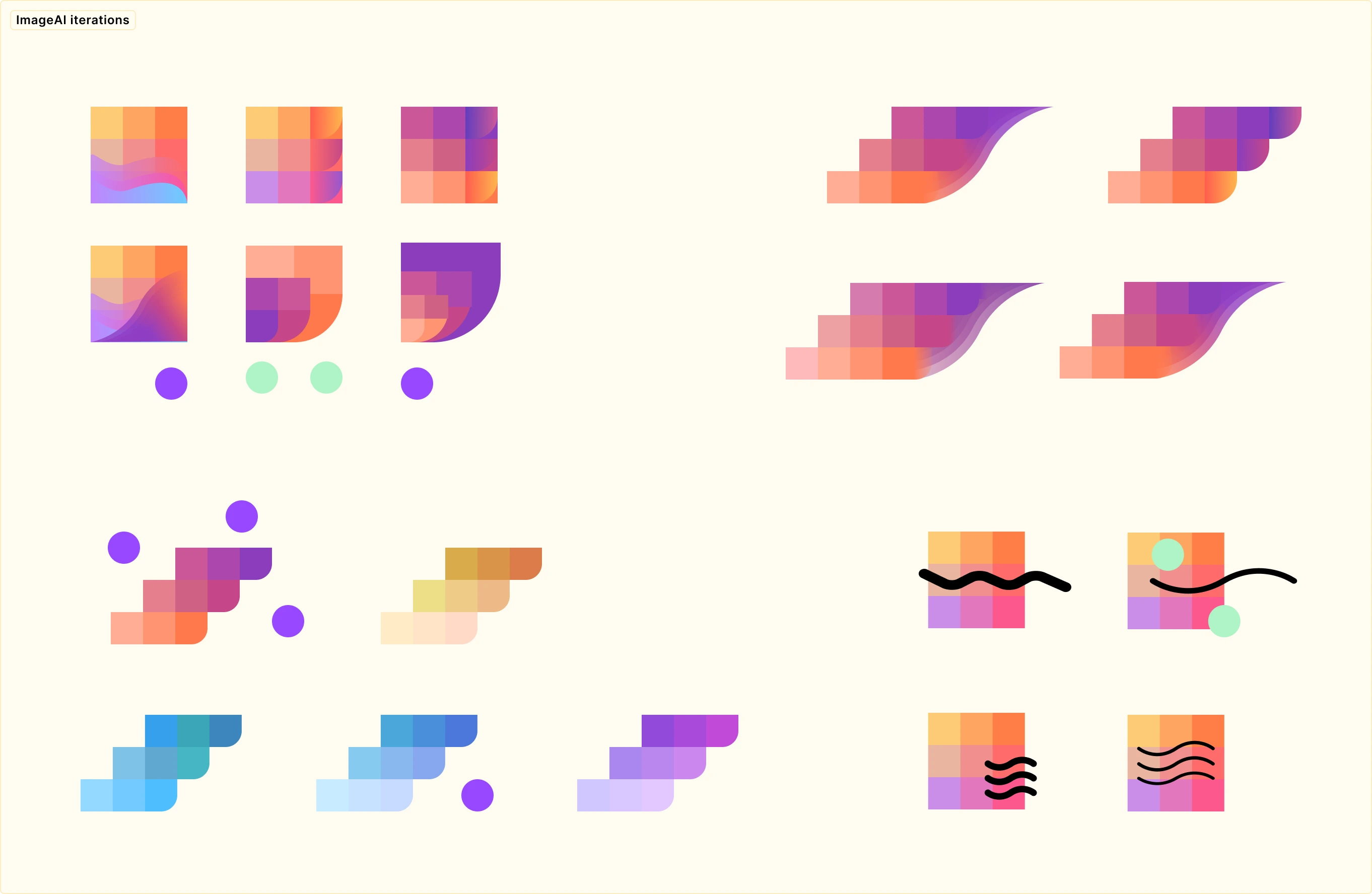 Grid titled 'ImageAI iterations' showing various abstract logo designs with gradients in purple, orange, and blue. Some designs feature curved shapes or wave patterns. Purple and green dots beneath certain designs indicate votes. The image displays the evolution and selection process for the ImageAI logo.