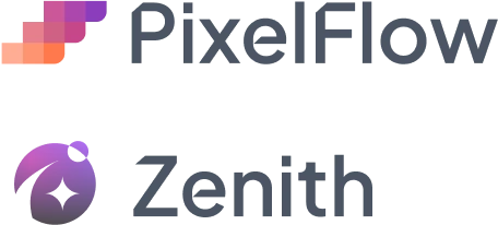 Logos for PixelFlow and Zenith, showcasing colorful brand designs.