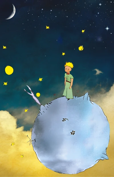 An illustration inspired by 'The Little Prince', showing a character standing on a small planet in a starry night sky