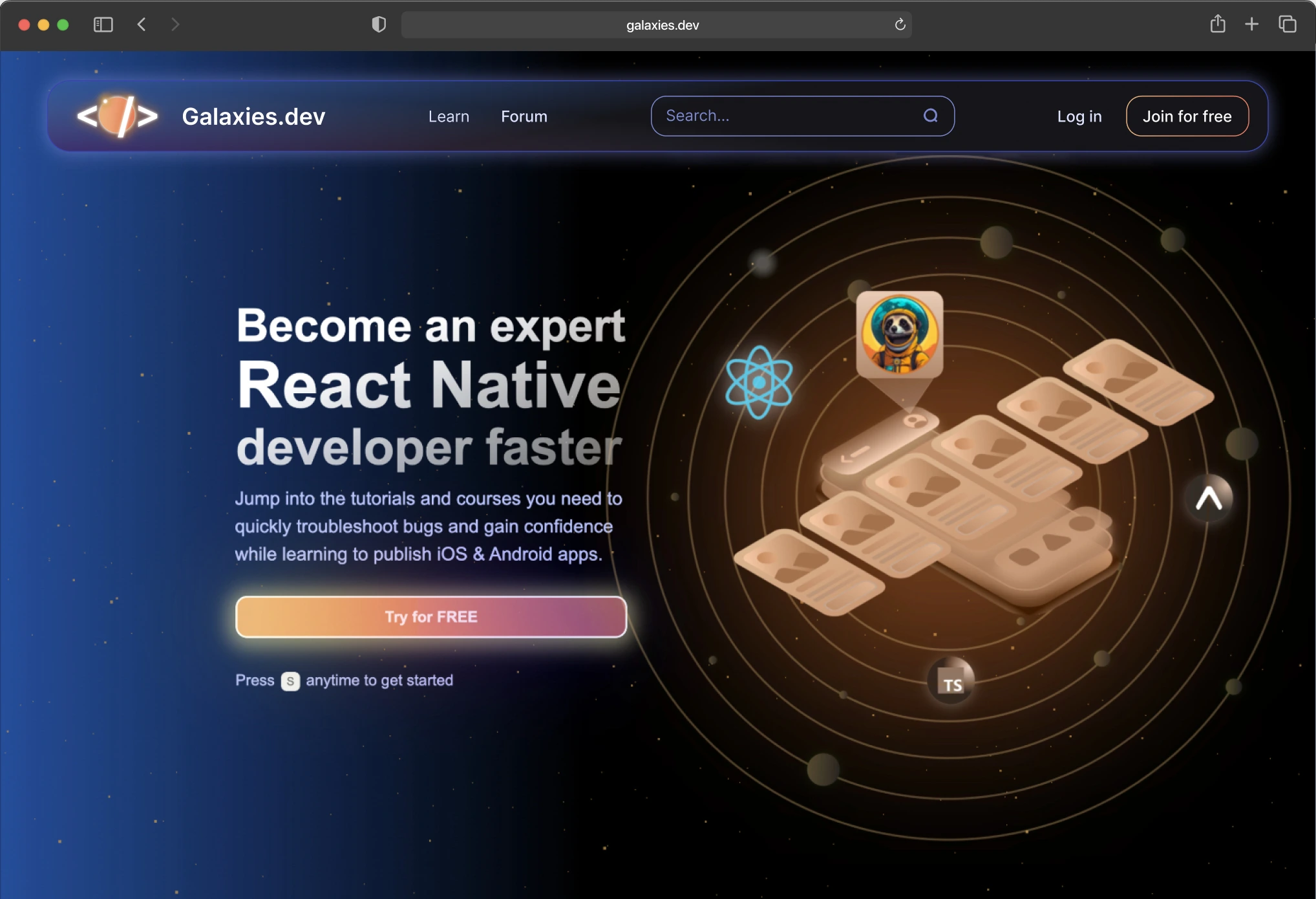 A reworked version of the galaxies.dev homepage with a React native focus. It says 'Become an expert React Native developer faster', and it has a phone in the shape of a satellite with React and related libraries moving around it. And a zoomed in image of a meerkat astronaut as the user icon on the phone. 