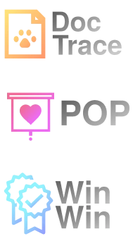 Three colorful logos on a white background: 'DocTrace' in orange with a document icon, 'POP' in pink with a heart icon, and 'WinWin' in light blue with a ribbon icon. These represent different applications in the unified design system.