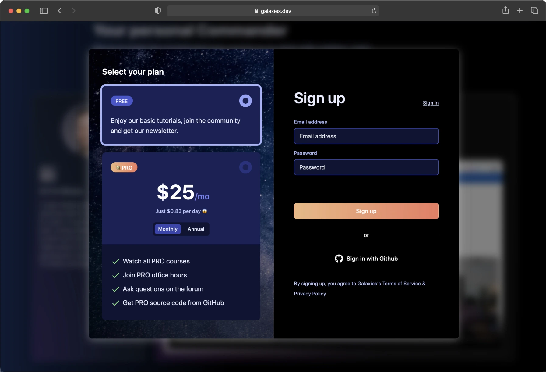 A unified sign up and payment model for the web service.