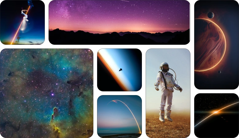 A bento-style grid of various space related images, plantes and astronauts.