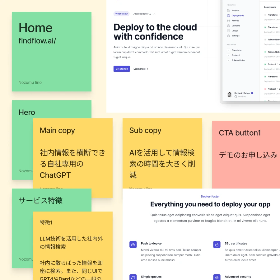 Illustration showing a website layout design process using colored sticky notes and mockups. It includes elements in Japanese and English, with sections for 'Home', 'Hero', 'Main copy', 'Sub copy', and 'CTA button'. The design also features deployment-related content and a sidebar with project management elements.