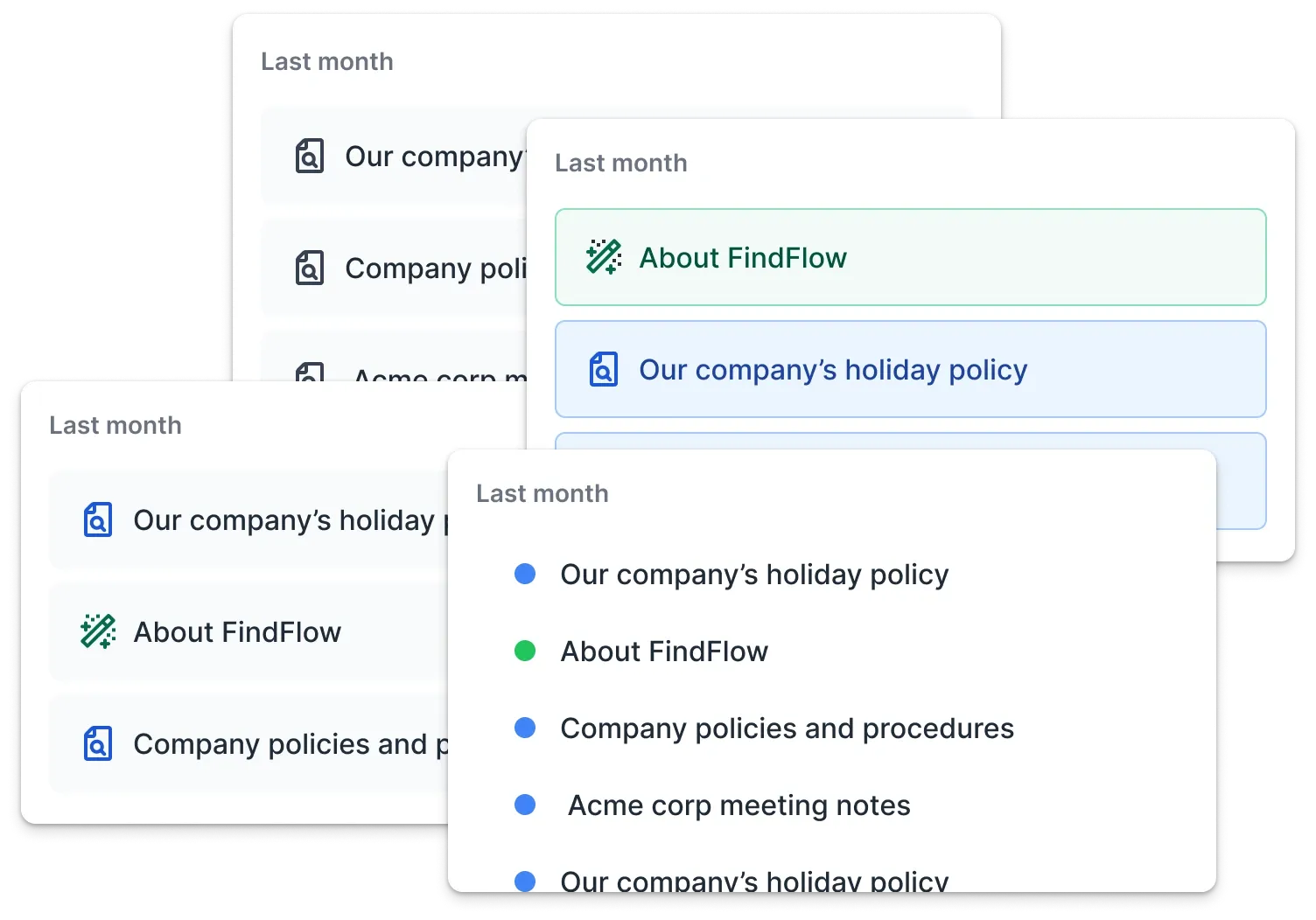 Two overlapping UI panels showing different topic styles, including company information, policies, and FindFlow-related topics, demonstrating various ways to visually organize and present information.