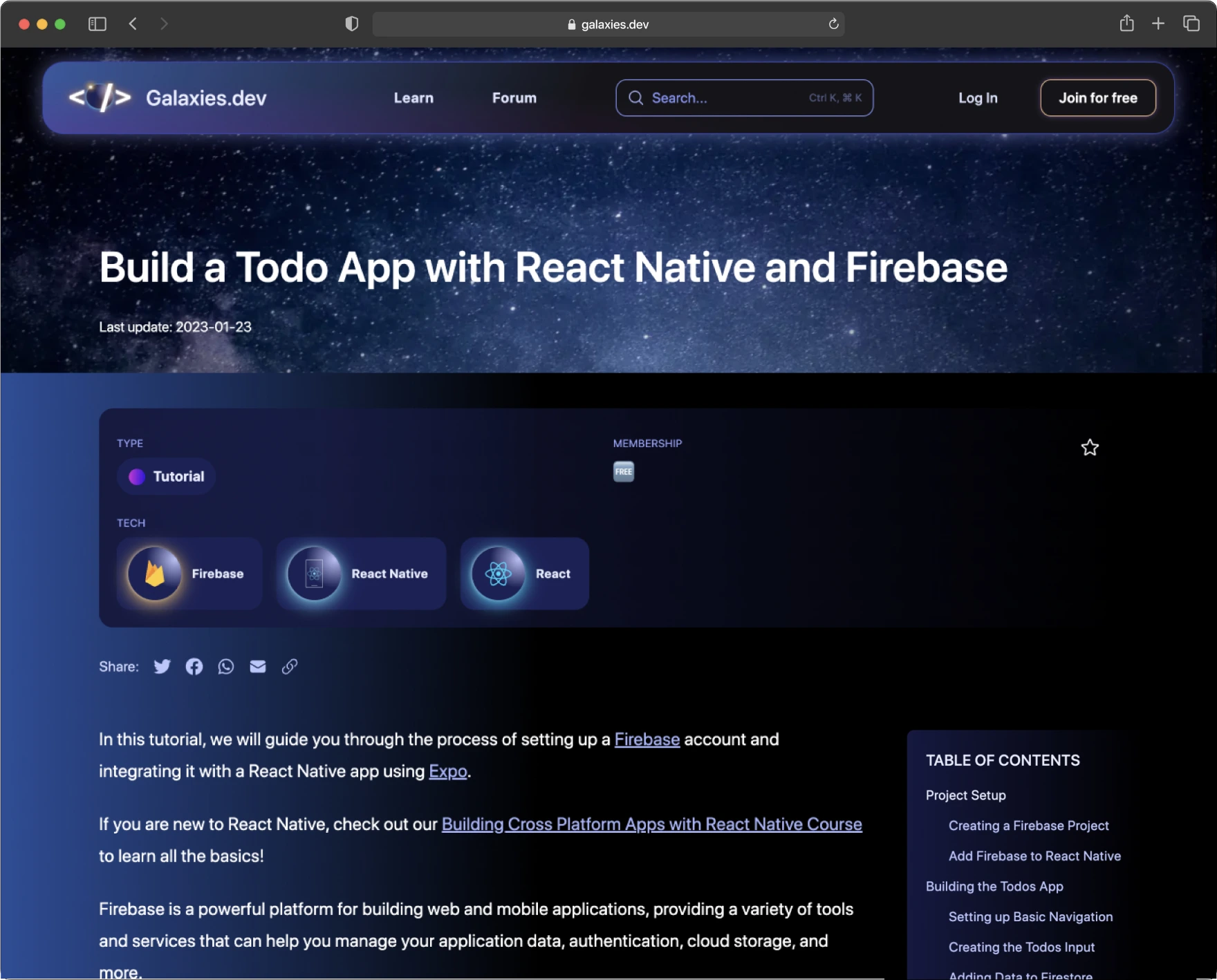 A tutorial page of 'Build a Todo App with React Native and Firebase' with a table of contents.