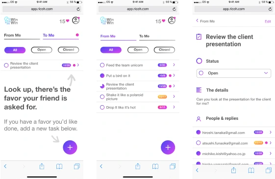 Three mobile app interface mockups side by side, displaying a cohesive design. The screens show task lists, chat functionality, and project management features. The design uses a purple accent color and includes icons for different types of tasks and communication.