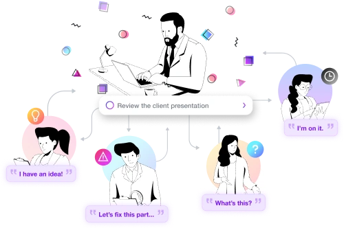 An illustrated collaboration scene with stylized figures of people interacting for the WinWin web application. Floating around them are colorful chat bubbles, icons, and geometric shapes. The illustration style is minimalist with a focus on human interaction and digital communication.