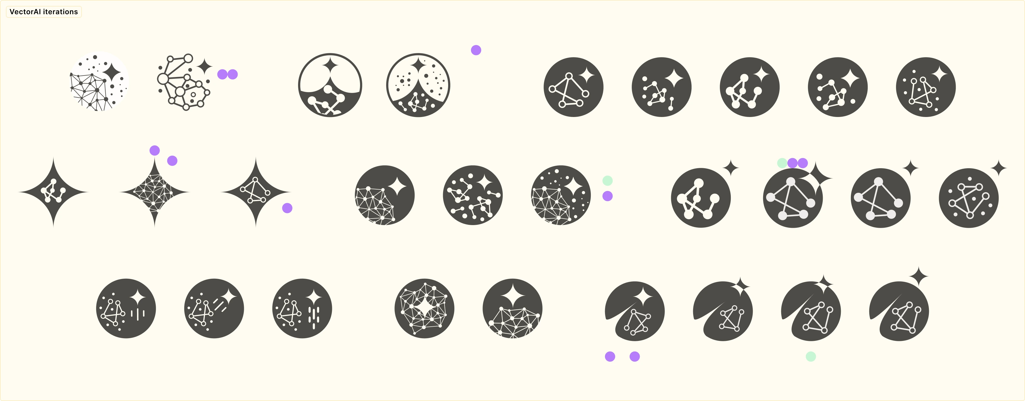 Grid of 24 VectorAI logo iterations, featuring various combinations of vector lines, constellations, and star shapes in circular and diamond layouts. Some designs have colored dots beneath, indicating stakeholder preferences. The logos demonstrate the challenge of balancing complex designs with readability at small sizes.