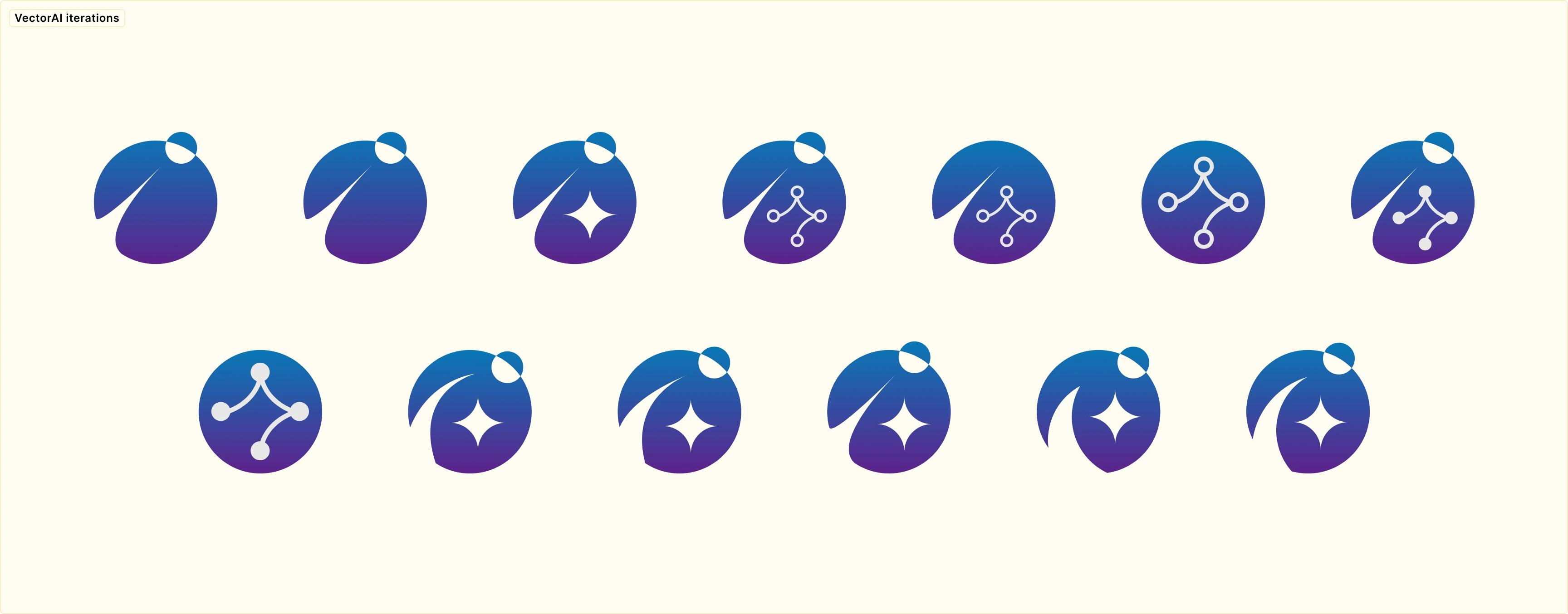 Series of 13 circular logo iterations for VectorAI, showing a progression from simple blue-purple gradients to more complex designs incorporating stars and connected nodes. Each logo is a variation on a circular shape with a cut-out section, demonstrating the simplification process to improve readability at small sizes.